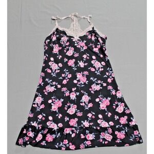 Laura Ashley Nighty Nightgown Size M Black Pink Floral Lace  T Back Ruffle